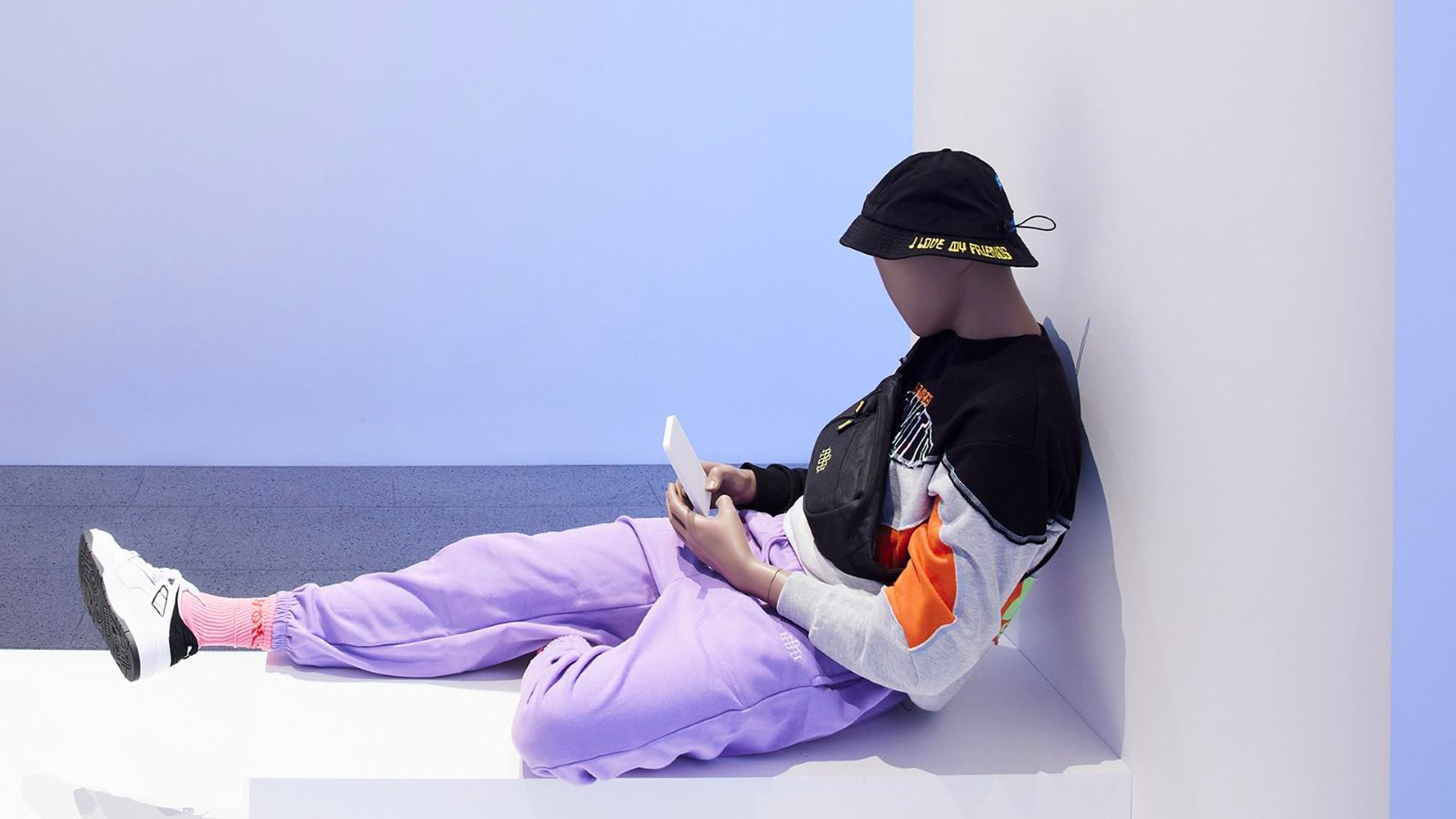 Installation view of HoMie on display in <em>Fashion Now</em> as part of the <em>Melbourne Now</em> exhibition at The Ian Potter Centre: NGV Australia, Melbourne from 24 March – 20 August 2023.   Image: Sean Fennessy